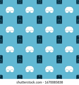 Set Backpack and Glasses and cap for swimming on seamless pattern. Vector