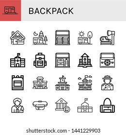 Set of backpack icons such as Camping, Cabin, Thermo bag, Ax, School, Backpack, School bag, Ranger, Tour guide, Belt pouch, Sport bag , backpack