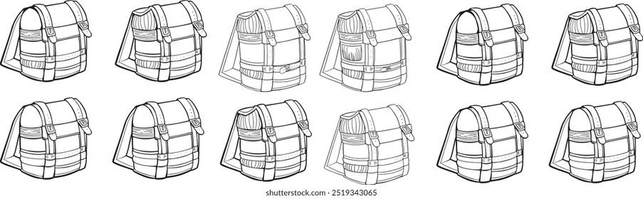 Set mochila línea Clip arte dibujo niños bolso escolar icono Vector ilustración plana contorno elemento de diseño de dibujos animados detallada satchel prop esbozo bolso juego objeto 2D item monedero