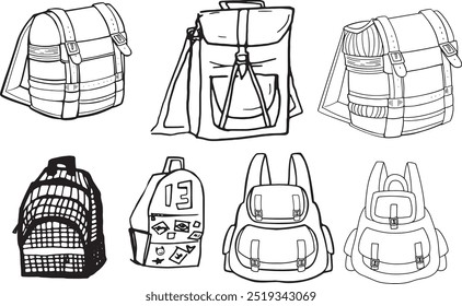 Set mochila línea Clip arte dibujo niños bolso escolar icono Vector ilustración plana contorno elemento de diseño de dibujos animados detallada satchel prop esbozo bolso juego objeto 2D item monedero