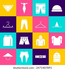 Set Backpack, Long sleeve shirt, Gardener worker hat, Short pants, Sport, Hanger wardrobe, Men underpants and  icon. Vector