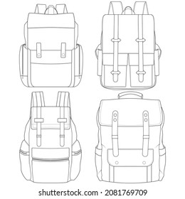 Set of backpack outline drawing vector, set of Backpack in a sketch style, trainers template outline, vector Illustration.