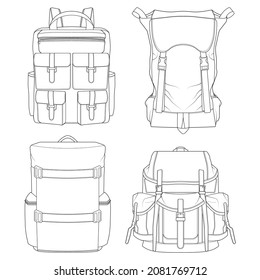 Set of backpack outline drawing vector, set of Backpack in a sketch style, trainers template outline, vector Illustration.