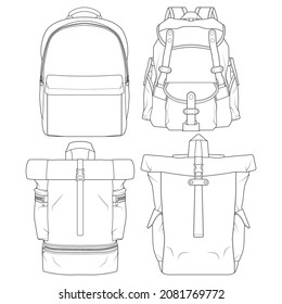 Set of backpack outline drawing vector, set of Backpack in a sketch style, trainers template outline, vector Illustration.