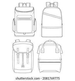 Set of backpack outline drawing vector, set of Backpack in a sketch style, trainers template outline, vector Illustration.