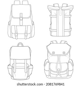 Set of backpack outline drawing vector, set of Backpack in a sketch style, trainers template outline, vector Illustration.