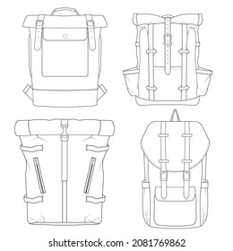 Set of backpack outline drawing vector, set of Backpack in a sketch style, trainers template outline, vector Illustration.