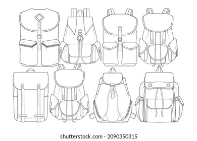 Set of backpack outline drawing vector, set of Backpack in a sketch style, trainers template outline, vector Illustration.
