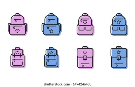 Set of backpack outline icons, school bags vector symbols, schoolboy and schoolgirl backpack with pink and blue colors