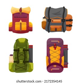 Rucksack mit verschiedenen Design für Reisen im Urlaub, Icon Set für grafische Design Urlaubsartikel im Cartoon-Stil, Vektorgrafik