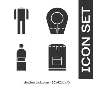 Set Backpack, Wetsuit for scuba diving, Aqualung and Diving hood icon. Vector