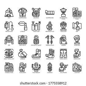 Set of backpacker thin line and pixel perfect icons for any web and app project. 