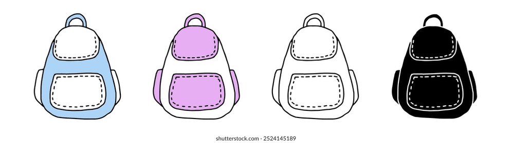Set of backpacks featuring colored illustrations, black silhouette, and black outline versions. Isolated on white background. Concept of school accessories, travel, education. Design elements.