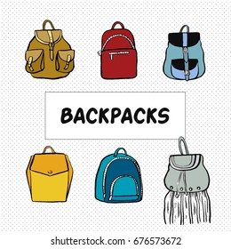 set of backpacks hand drawn illustrations vector
