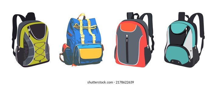 Set of backpacks isolated on white background. Colorful, multi-colored sports, tourist and women's backpacks of various colors. Cartoon style. Vector realistic illustration.