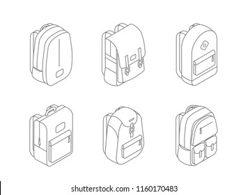 Set of backpacks isometric icons in line design vector illustration isolated on white background. Bags 3D design. Back to school concept stock vector