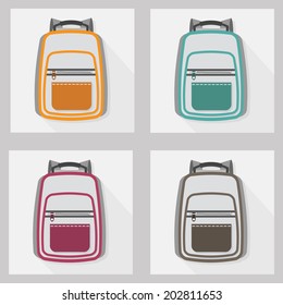 Set of backpacks with long shadow - School bag icon, background, and seamless pattern in flat design