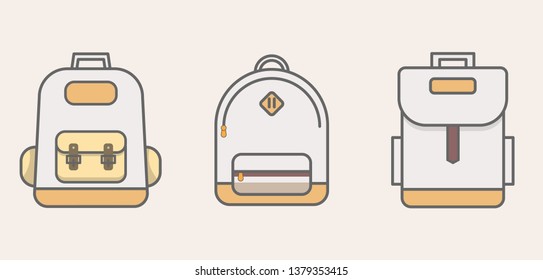 Set of Backpacks on beige background.  Collection of Rucksack, travel knapsack, baggage, luggage. Vector illustration