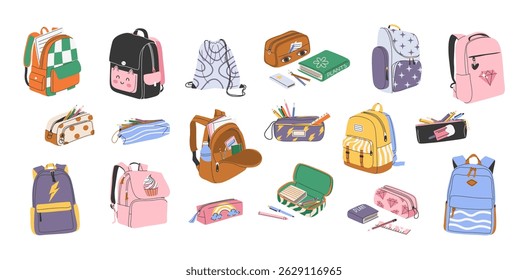 Set of backpacks and pencil cases for preschoolers, school kids, university students. Isolated hand drawn clip art collection of school bags and school supplies. Back to school concept in flat style.