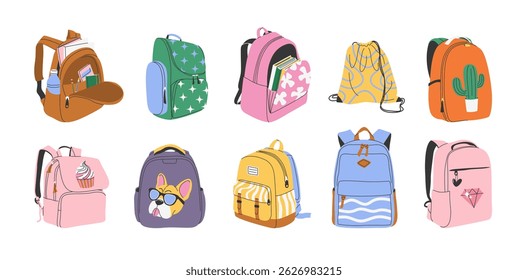 Set of backpacks for preschoolers, school kids, university students. Isolated hand drawn clip art collection of various school bags, bookbags for boys and girls. Back to school concept in flat style.