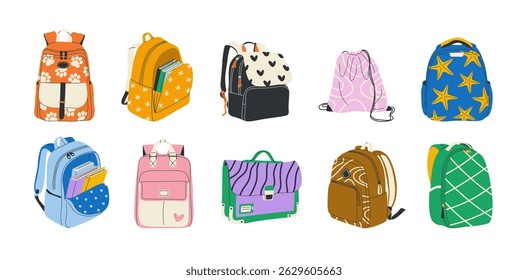 Set of backpacks for preschoolers, school kids, and university students. Isolated hand drawn collection of various school bags for boys and girls. Back to school concept in flat style. Clip art.