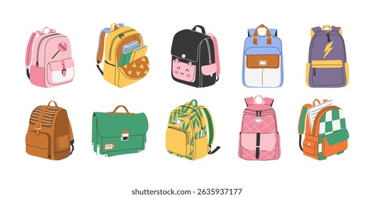 Set of backpacks for preschoolers, school kids, university students. Isolated hand drawn collection of school bags for boys and girls. Back to school concept in flat style. Vector illustrations.