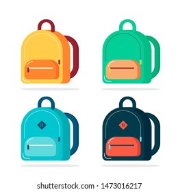 Set of backpacks, schoolbags with pockets flat vector illustration isolated on white background. schoolbag luggage, rucksack vector illustration. back to school web banner, flyer, poster