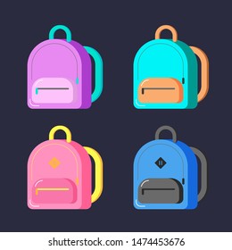 Set of backpacks, schoolbags with pockets flat vector illustration isolated on white background. schoolbag luggage, rucksack vector illustration. back to school web banner, flyer, poster