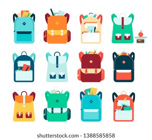 Set of backpacks or schoolbags with pockets and zipper flat vector illustration isolated on white background. Education and study rucksack for students and traveling icon.