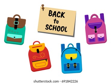 Set of backpacks with a sticker Back to school, vector illustration