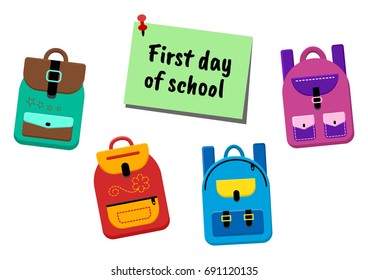 Set of backpacks with a sticker first day of school, vector illustration