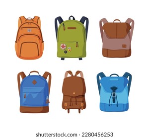 Set of backpacks. Backpacks for students, travellers and tourists cartoon vector illustration