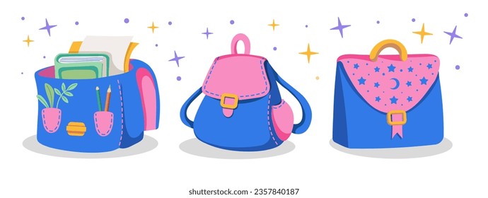 Set of backpacks in style of 90s. School equipment icons. Pink color. Vector Flat illustration.