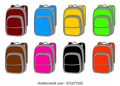 A set of backpacks in vector on a white background. Colorful, multicolored sports, tourist backpacks of various colors. Cartoon style vector.