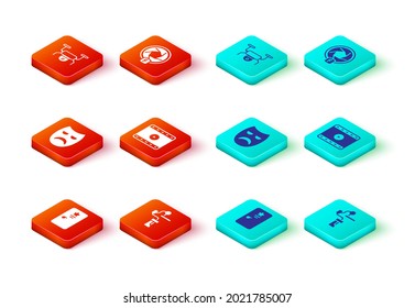 Set Backstage, Gimbal stabilizer for camera, Drama theatrical mask, Play Video, Camera shutter and Drone flying icon. Vector