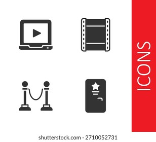 Set Backstage, Online Play Video, Seilbarriere und Play Icon. Vektorgrafik