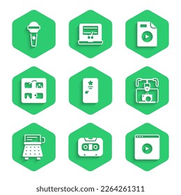 Set Backstage, Retro audio cassette tape, Online play video, Gimbal stabilizer with camera, typewriter, Storyboard, AVI file document and Microphone icon. Vector