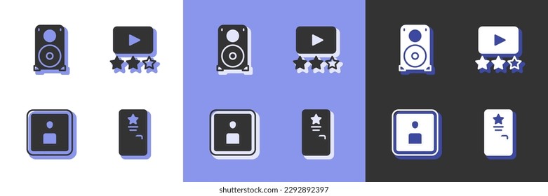 Set Backstage, Stereo speaker, Play Video and Rating movie icon. Vector