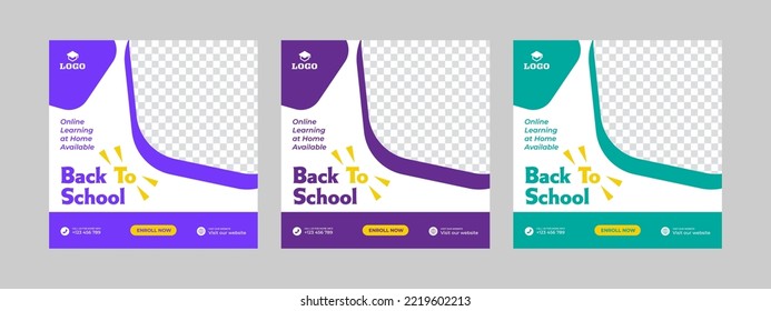 Set of back-to-school social media post background and photo school admission or education social media pack template. web banner internet ads and cover or poster