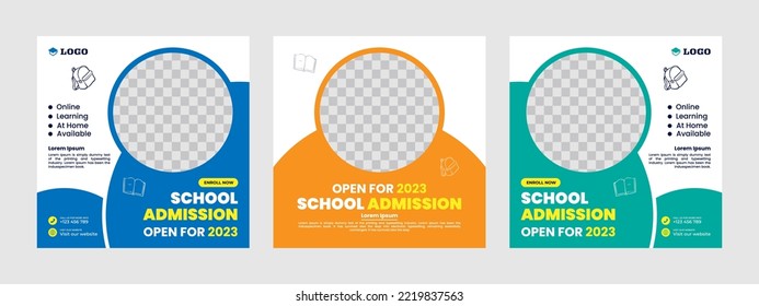 Set of back-to-school social media post background and photo school admission or education social media pack template. web banner internet ads and cover or poster