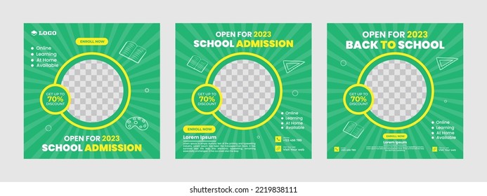 Set of back-to-school social media post background and photo school admission or education social media pack template. web banner internet ads and cover or poster