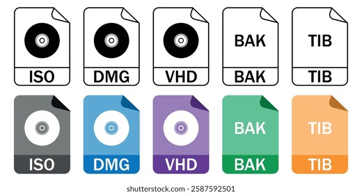 Set of backup and disk image file format icons (ISO, DMG, VHD, BAK, TIB) in outline and color styles. Ideal for IT, storage, and system recovery projects.