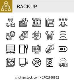 Set of backup icons. Such as Server, Computer storage, Syncronization, Floppy disk, Hard disk, Database, Hard drive, Backup, Cds, Cd, Compact disc , backup icons