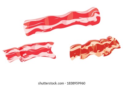 set of bacon icons on a white background. raw smoked and toasted bacon. vector. ingredients for cooking, cafe and restaurant menus. meat products. fresh and fried becon