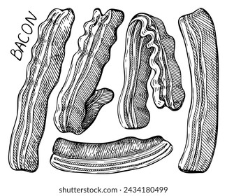 Set bacon slice sketch. Grilled meat. Breakfast food. Hand drawn vector illustration.