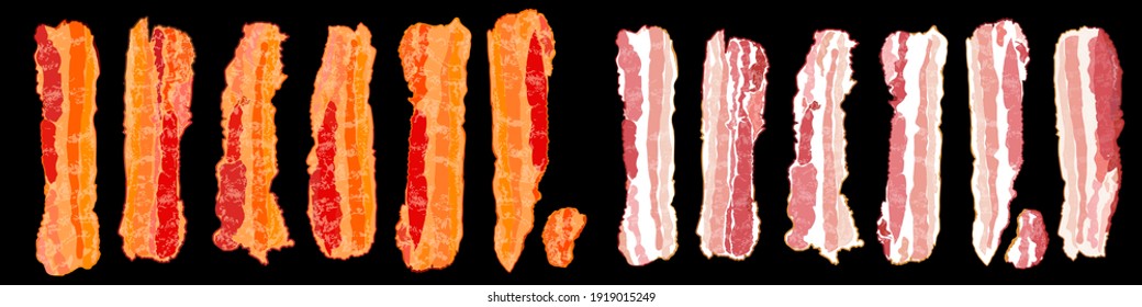 Set of bacon slices. Raw and cooked bacon. Vector Illustration