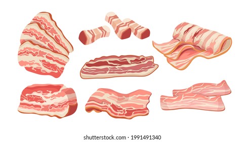 Set of Bacon Slices, Thin Strips, Delicious Food for Breakfast. Rashers, Raw or Smoked Fatty Pork Meat Isolated on White Background. Brisket or Ham, Tasty Snack. Cartoon Vector Illustration, Clipart