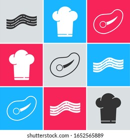 Set Bacon stripe, Chef hat and Steak meat icon. Vector