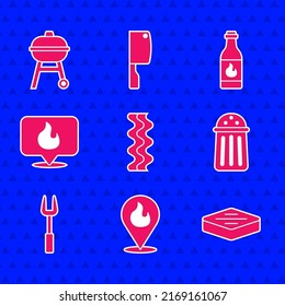Set Bacon stripe, Location with fire flame, Steak meat, Salt, Barbecue fork, Tabasco sauce and grill icon. Vector