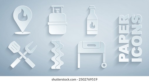 Set Bacon stripe, Tabasco sauce, Crossed fork and spatula, Barbecue grill, Propane gas tank and Location with fire flame icon. Vector